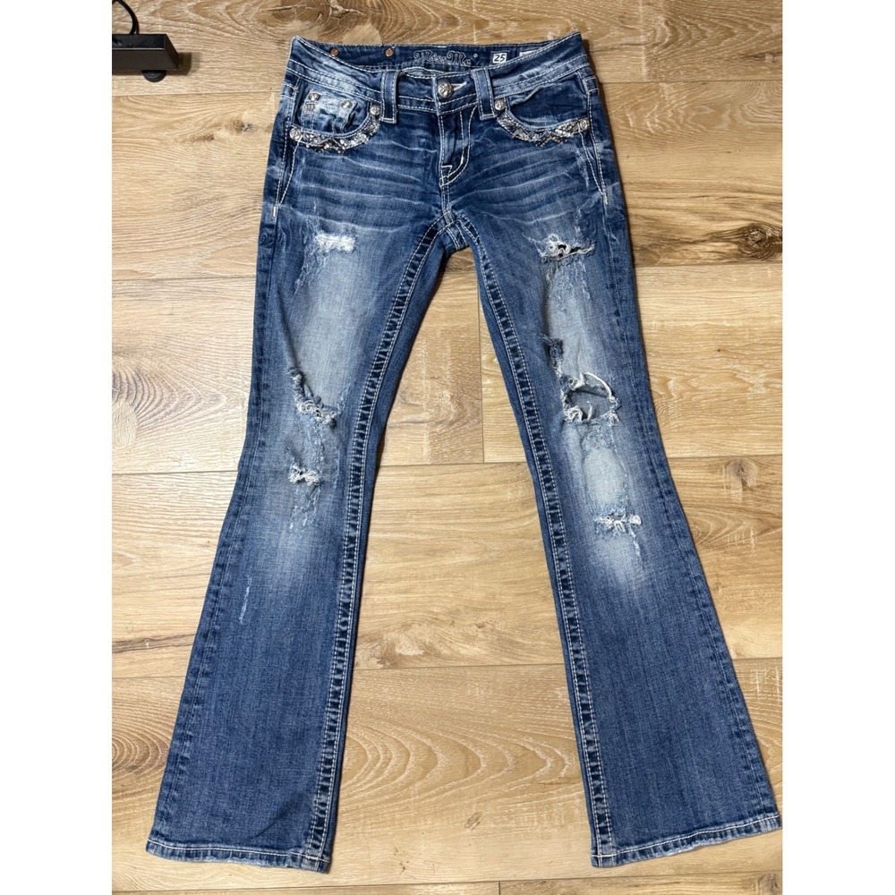 Y2K Miss Me Bling Distressed Bootcut Jeans 25 Distressed Embellished Blue